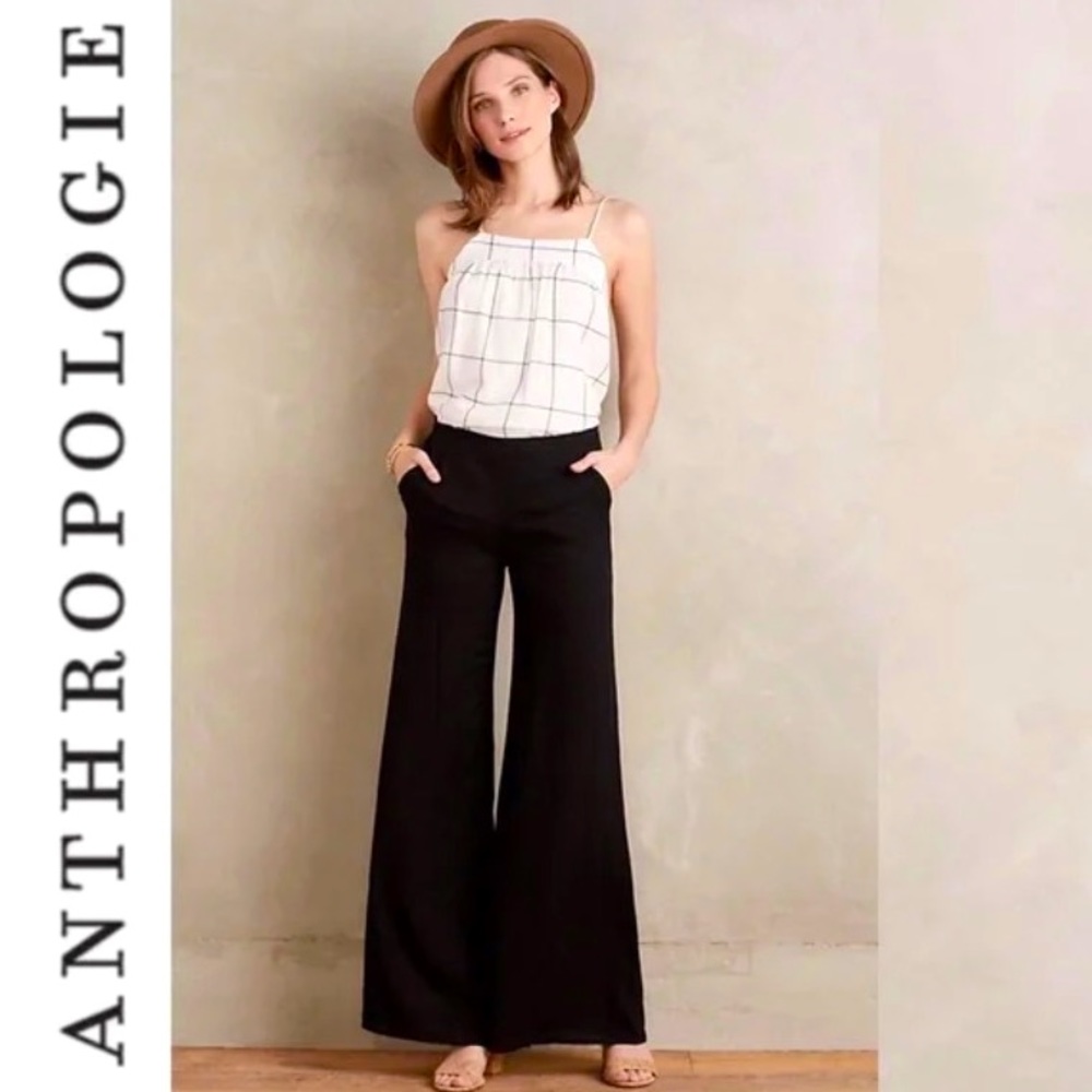 Anthropologie Elevenses Super Wide Leg Pant Black Trouser Flare High Rise Baggy